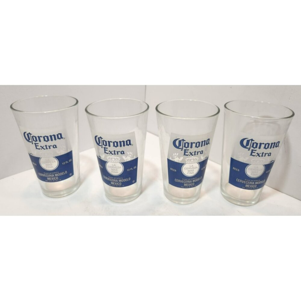 Vtg Corona Extra Pint Beer Glasses Set Of 4 Blue & White Collectible